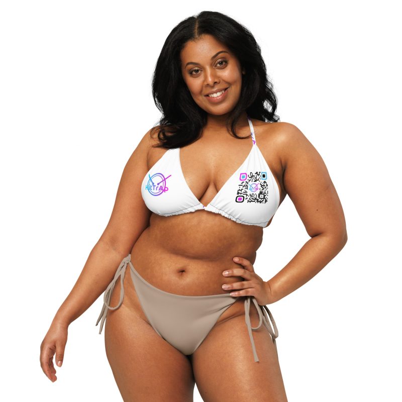 White w/ Black QR print recycled string bikini top